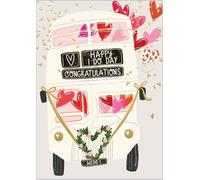 Abacus Cards - Wedding Congratulations Card, Lovely Vintage Bus Design with Happy I Do Day Message, Hearts and Floral Details