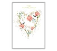 Abacus Wedding Anniversary Card - Decorative Heart Wreath with Roses & Birds Embossed with Foil - Eco-Friendly & Recyclable Cards