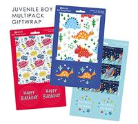 Abacus - Wrapping Paper Variety Pack - 2x Dinosaur Roar, 2x Fintastic Birthday & 2x Birthday Monsters - 6 Recyclable Folded Sheets and 6 Tags