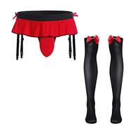 ABAFIP Men's Sissy Skirted Thong Panties Bowknot Low Rise G-string Bikini Briefs Underwear with 4 Gaters Belt, Red-socks Set, One Size