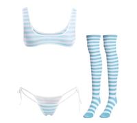 ABAFIP Women Cute Kawaii Anime Lingerie set Halter Strap Micro Bra Tiny Panty Garter Belt Striped Stockings 4Pcs Underwear, Blue - Wide Strap, One Size