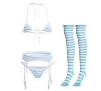 ABAFIP Women Cute Kawaii Anime Lingerie set Halter Strap Micro Bra Tiny Panty Garter Belt Striped Stockings 4Pcs Underwear, Blue, One Size