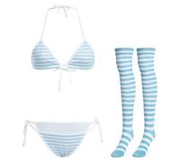 ABAFIP Women Cute Kawaii Anime Lingerie set Halter Strap Micro Bra Tiny Panty Garter Belt Striped Stockings 4Pcs Underwear, Blue - Pinstripes, One Size