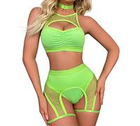 ABAFIP Women Rave Outfits Cutout Fishnet Top Booty Shorts Bottom Choker 3Pcs Babydoll Nightwear Festival Lingerie, Fluorescent Green, Medium
