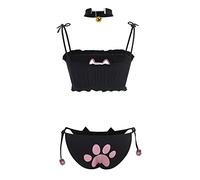 ABAFIP Womens Cute Kawaii Anime Cat Kitten Lingerie set Micro Bikini Strappy Tiny Bra Mini Panty Extreme Swimsuit, Black-03, One Size