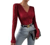 ABAFIP Women's Sheer Long Sleeve Floral Lace Bodysuit Blouse Top V-Neck Backless Going Out Leotard Tops, Wine Red, L