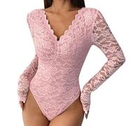 ABAFIP Women's Sheer Long Sleeve Floral Lace Bodysuit Blouse Top V-Neck Backless Going Out Leotard Tops, Pink, Large