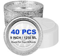 Abaigeal 40 Pack 9 Inch Round Foil Trays with Clear Lids, 1250ML Disposable Tin Foil Food Containers, Round Aluminum Foil Flan Dishes Pie Cases for Party, Baking, Food Storage, and Takeaway Containers
