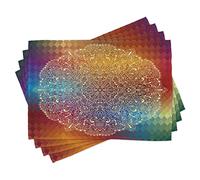 ABAKUHAUS Abstract Place Mats Set of 4, Highly Detailed Floral Oriental Pattern on Geometric Colorful Background Art, Washable Fabric Placemats for Dining Table, Standard Size, Cream Multicolored