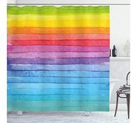 ABAKUHAUS Abstract Shower Curtain, Rainbow Colored Horizontal Striped Lines Vibrant Hand Drawn Design, Cloth Fabric Bathroom Decor Set with Hooks, 175 x 180 cm, Multicolor
