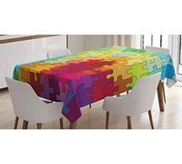 ABAKUHAUS Abstract Tablecloth, Colorful Puzzle Pieces Fractal Children Hobby Activity Leisure Toys Cartoon Image, Dining Room Kitchen Table Cover, 54" x 78", Green Red Yellow
