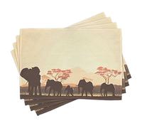 ABAKUHAUS Africa Place Mats Set of 4, Safari Animal Elephant, Washable Fabric Placemats for Dining Room Kitchen Table Decor, Pale Yellow Brown