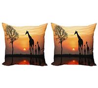 ABAKUHAUS Africa Throw Pillow Cushion Cover Pack of 2, Giraffes on Bushes by the Lake Surface Horizon in the Middle of Nowhere Image, Zippered Double-Side Digital Print, 40 x 40 cm, Black Orange