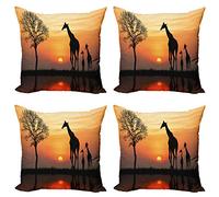 ABAKUHAUS Africa Throw Pillow Cushion Cover Pack of 4, Giraffes on Bushes by the Lake Surface Horizon in the Middle of Nowhere Image, Zippered Double-Side Digital Print, 45 x 45 cm, Black Orange