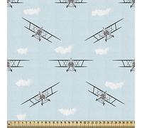 ABAKUHAUS Airplane Fabric by The Yard, Old Aircraft Biplanes in Blue Sky Speedy Propellers Wings Retro Design, Satin Fabric for Home Decor Textiles and Crafts, 2M (148x200cm), Pale Blue Black White