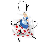 ABAKUHAUS Alice in Wonderland Apron, Girl Sitting on a Tea Cup Heart Shape Character Fantasy Tale, Unisex Kitchen Apron with Adjustable Neck for Cooking Baking Gardening, Blue Red