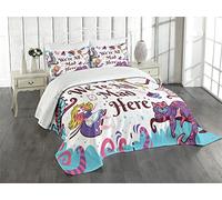 ABAKUHAUS Alice in Wonderland Bedspread Set, We Are All Mad Here Words with Caterpillar White Rabbit Cheshire Cat, Decorative Quilted 3 Piece Coverlet Set with 2 Pillow Shams, Pink and Purple
