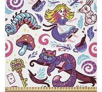 ABAKUHAUS Alice in Wonderland Fabric by The Yard, Fantasy World Fairy Tale Concept Hand-Drawn Caterpillar Cat Rabbit, Fabric for Upholstery and Home Accents, 2M (148x200cm), Purple Pink