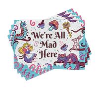 ABAKUHAUS Alice in Wonderland Place Mats Set of 4, We Are All Mad Here Words with Caterpillar White Rabbit Cheshire Cat, Washable Fabric Placemats for Dining Table, Standard Size, Blue Purple Pink