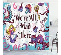 ABAKUHAUS Alice in Wonderland Shower Curtain, We Are All Mad Here Words with Caterpillar White Rabbit Cheshire Cat, Cloth Fabric Bathroom Decor Set with Hooks, 94 Inches, Multicolor