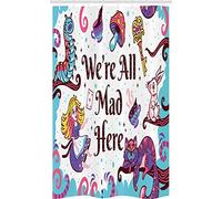 ABAKUHAUS Alice in Wonderland Shower Curtain, We are All Mad Here Words with Caterpillar White Rabbit Cheshire Cat, Cloth Fabric Bathroom Decor Set with Hooks, 47" x 70", Blue Purple