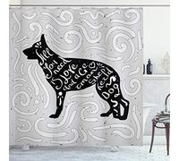 ABAKUHAUS All You Need Is Love Shower Curtain, German Shepherd Dog Silhouette with the Phrase and Doodles, Cloth Fabric Bathroom Decor Set with Hooks, 86 Inches Extra Long, Pale Grey Black White