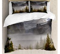 ABAKUHAUS America Duvet Cover Set, Valley Yosemite in Fall, Bedding Set 3 Pieces with 2 Pillow Shams, 230 x 220 cm - 70 x 50 cm, Green Grey
