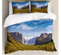 ABAKUHAUS American Duvet Cover Set, Yosemite El Capitan US, Bedding Set 3 Pieces with 2 Pillow Shams, 230 x 220 cm - 70 x 50 cm, Green Blue