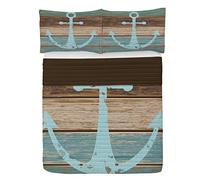 ABAKUHAUS Anchor Microfiber Bedspread Set, Timeworn Marine on Weathered Wooden Planks Rustic Nautical Pattern, Soft Bedding Set with Pillow Shams & Comforter, 264 cm x 220 cm, Pale Blue Brown Teal