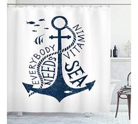 ABAKUHAUS Anchor Shower Curtain, Hand Drawn Everybody Needs Vitamin Sea Words Monochrome Fish Silhouette, Cloth Fabric Bathroom Decor Set with Hooks, 70 Inches, Dark Blue and White