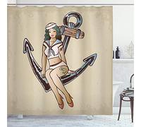 ABAKUHAUS Anchor Shower Curtain, Pinup Girl Sailor Outfit Shark and Heart Tattoo Vintage Twenties Illustration, Cloth Fabric Bathroom Decor Set with Hooks, 70 Inches, Multicolor