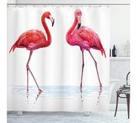 ABAKUHAUS Animal Shower Curtain, 2 Hand Drawn Flamingos in Pink Colors on Seaside Tropical Wildlife Artwork, Cloth Fabric Bathroom Decor Set with Hooks, 86 Inches Extra Long, Orange Lavender