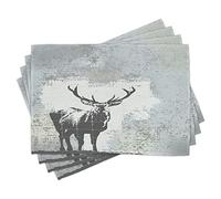 ABAKUHAUS Antlers Place Mats Set of 4, Standing Stag Silhouette Grunge Style Background Shadow Monochromic Illustration, Washable Fabric Placemats for Dining Table, Standard Size, Black Grey