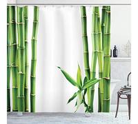 ABAKUHAUS Asian Shower Curtain, Branches of Bamboo Board Stalk Tropics Plants Greenery Fengshui Natural, Cloth Fabric Bathroom Decor Set with Hooks, 70 Inches, Fern Green White