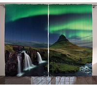 ABAKUHAUS Aurora Borealis Curtains, Waterfall Kirkjufellsfoss in the Mountains Iceland Picture Night, Living Room Bedroom Window Drapes 2 Panel Set, 89 W X 110 L, Emerald Green