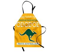 ABAKUHAUS Australian Party Apron, Festive Aussie Day Typography with Kangaroo Silhouette, Unisex Kitchen Bib Apron with Adjustable Neck for Cooking Baking Gardening, Earth Yellow Teal and White