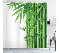 ABAKUHAUS Bamboo Shower Curtain, Modern Image of Fresh Bamboo Stems Leaves with Colors Exotic Nature Themed Print, Cloth Fabric Bathroom Decor Set with Hooks, 86 Inches Extra Long, Green White