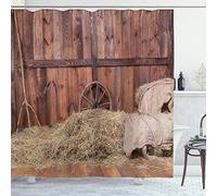 ABAKUHAUS Barn Wood Wagon Wheel Shower Curtain, Rural Old Horse Stable Barn Interior Hay and Wood Planks Image Print, Cloth Fabric Bathroom Decor Set with Hooks, 78 Inches, Brown Dust
