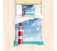ABAKUHAUS Beach Duvet Cover Set, Realistic Illustration Lighthouse on Calm Seashore Flying Seagulls Ocean Scenery, Bedding Set 2 Pieces with 1 Pillow Shams, 135 cm x 200 cm, Vermilion Blue