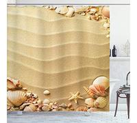 ABAKUHAUS Beach Shower Curtain, Nautical Composition About Sandy Frame Surrounded by Various Sea Shells, Cloth Fabric Bathroom Decor Set with Hooks, 70 Inches, Sand Brown Coral