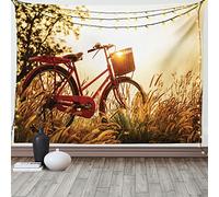 ABAKUHAUS Bicycle Tapestry, Classic Retro Style Bike in Sepia Tones Romantic Sunset Rural View Picture, Fabric Wall Hanging Decor for Bedroom Living Room Dorm, 90 W X 54 L, Red Orange Yellow