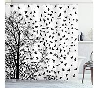 ABAKUHAUS Black and White Shower Curtain, Tree Birch Branches Flying Birds Natural Life Fall Themed Silhouette Style, Cloth Fabric Bathroom Decor Set with Hooks, 78" Inches, Black White