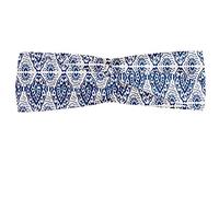 ABAKUHAUS Blue and White Headband, Abstract Tie Dye Effect Ikat Shibori Pattern in Bohemian Fashion, Elastic and Soft Women's Bandana for Sports and Everyday Use, Navy Blue and White