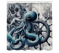 ABAKUHAUS Blue Shower Curtain, Nautical Concept Gothic Marine Fantasy Sailors Nightmare Kraken Siren, Cloth Fabric Bathroom Decor Set with Hooks, 70" Inches, Dark Blue Grey Ivory