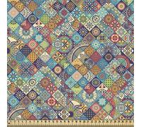 ABAKUHAUS Bohemian Material Fabric by The Yard, Geometric Pattern Ornamental Boho Floral Folk Art Abstract, Accent for Curtains Dog Beds and DIY Home Project, 1M (148x100cm) Pale Teal Yellow
