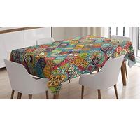 ABAKUHAUS Bohemian Tablecloth, Geometric Pattern Ornamental Floral Folk Art Abstract, Dining Room Kitchen Table Cover, 54" x 78", Teal Red Orange