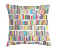 ABAKUHAUS Bookshelf Throw Pillow Cushion Cover, Cartoon Library with Colorful Books Literature Study Reading Novels School Print, Decorative Square Accent Pillow Case, 16 X 16 Inches, Multicolor