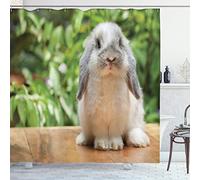 ABAKUHAUS Bunny Shower Curtain, Photo of a Holland Lop Rabbit Standing on a Wooden Board Green Plants at Background, Cloth Fabric Bathroom Decor Set with Hooks, 70 Inches, Multicolor