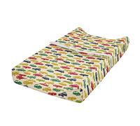 ABAKUHAUS Cars Changing Pad Cover, Curved Edged Vehicle Drawn, Soft Cover for Diaper Changing Pad with Safety Buckle Holes, Dark Blue Red Fern Green