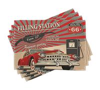ABAKUHAUS Cars Place Mats Set of 4, Poster Style Image Gasoline Station Commercial Element Route 66 IllustrationPrint, Washable Fabric Placemats for Dining Table, Standard Size, Light Brown Dark Pink